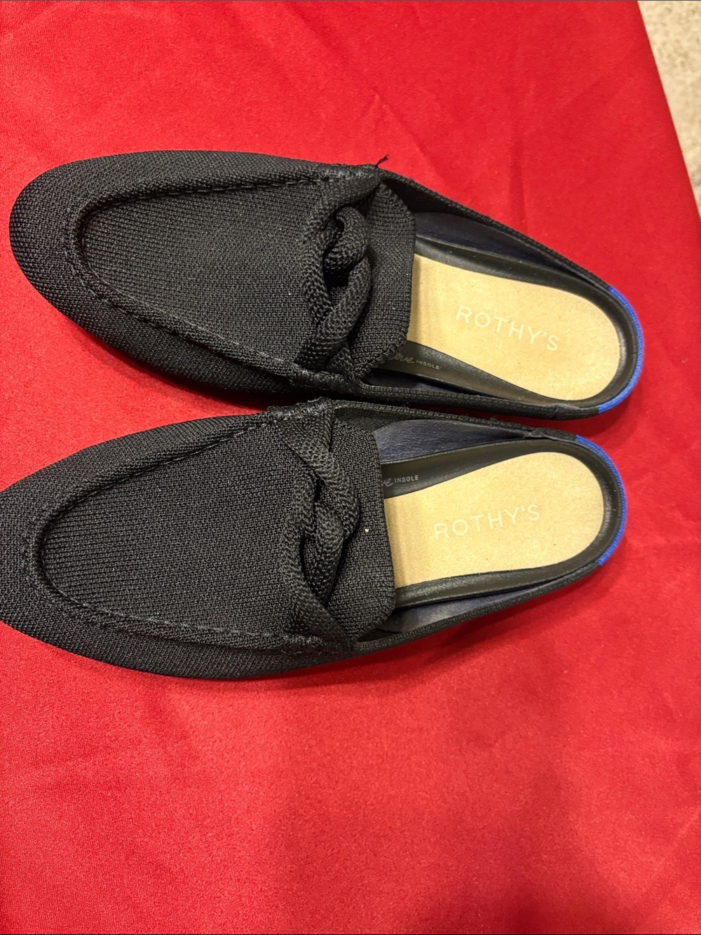 Rothy's Black Knit Slip-On Loafers with Subtle Blue Trim